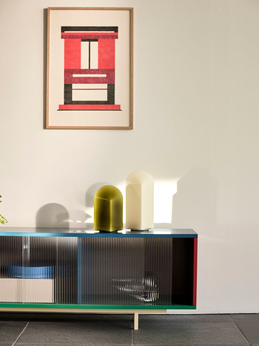 Colour Cabinet Floor L multi with glass doors_Parade Table Lamp 240 moss green_320 shell white.jpg