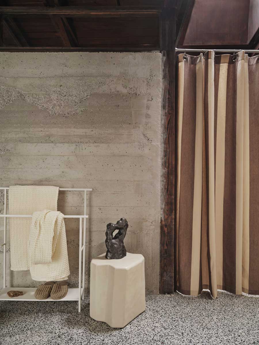 fermLIVING_AW24_ChambrayShowerCurtain_CarobBrownParchment_1104269517_DoraTowelStand_White_1104269858_StaffaStool_1104267968.jpg