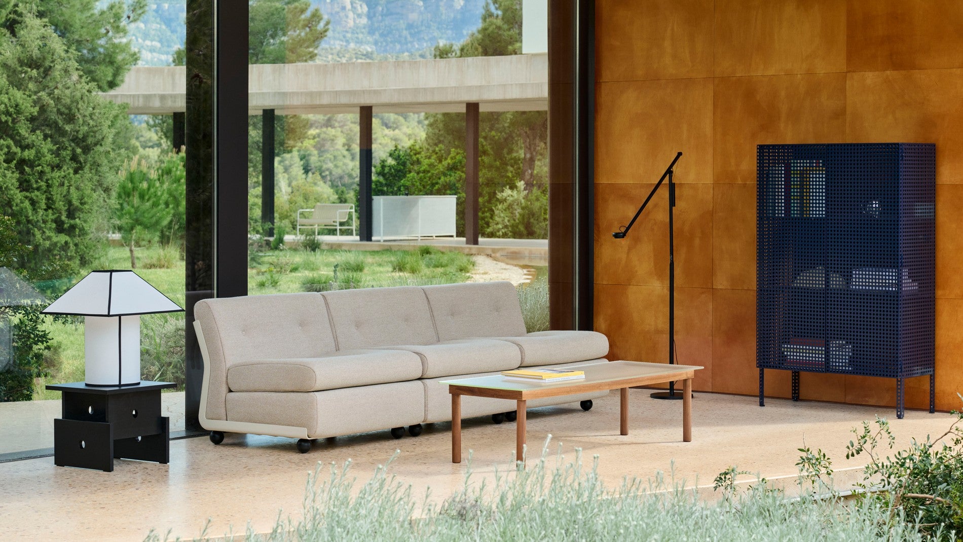 Amanta 3 Seater Hallingdal 220 cream beige shell_Wood Box Coffee Table black oak_Perforated Cabinet L steel blue.jpg