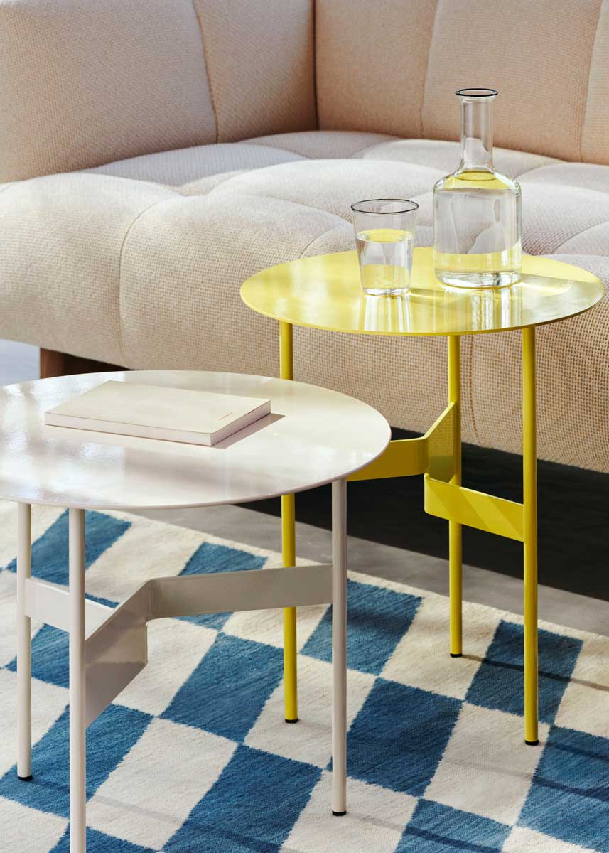 Shim-Coffee-Table-dia54xH44-eggshell_Shim-Coffee-Table-dia45xH51-custard_Shift-Kelim-Rug-W140xL200-blue.jpg