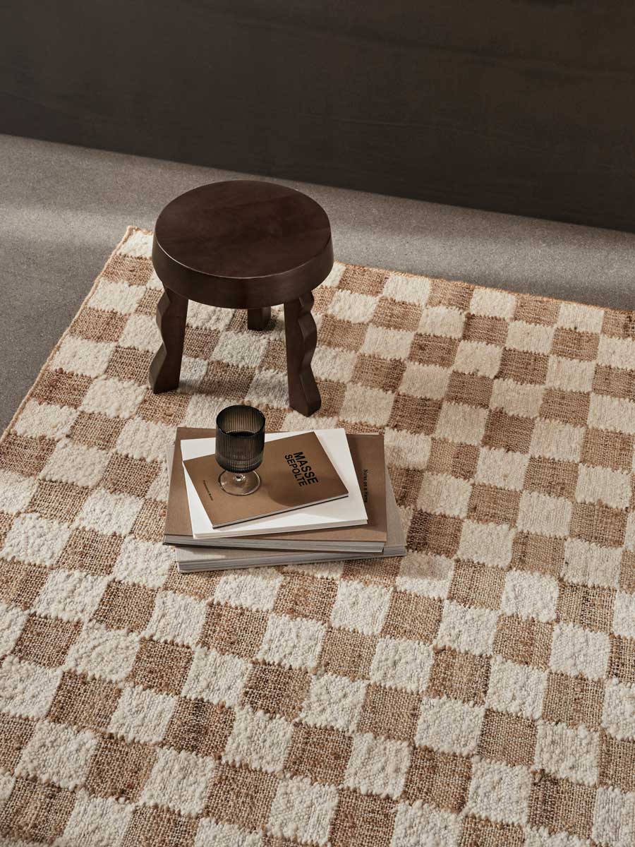 fermLIVING_SS24_CheckWoolJuteRug_Off-whiteNatural_1104268674_1104268676_FayeStool_DarkStainedMangoWood_1104268103_1.jpg