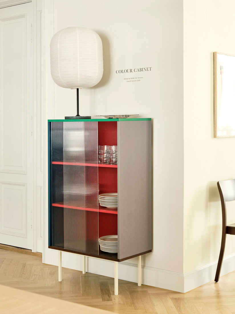 Colour Cabinet Tall w glass doors multi_Common Table lamp base soft black steel stem and soft black steel base_Oblong shade.jpg