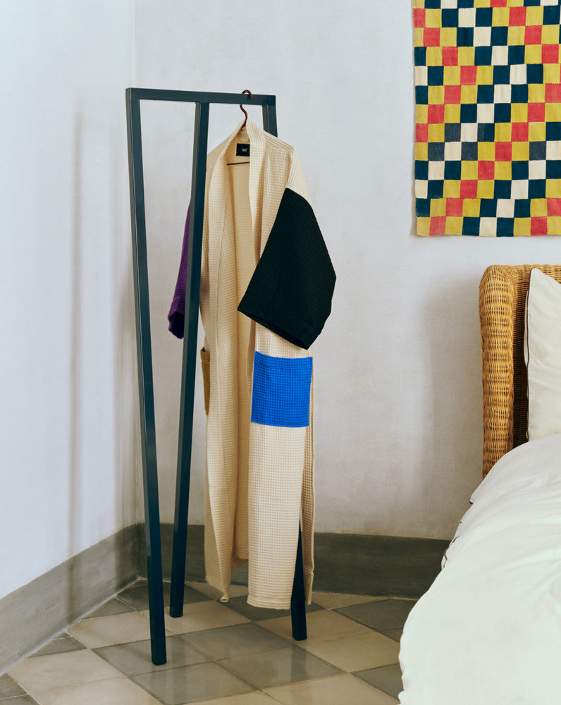 Loop-Stand-Hall-deep-blue-powder-coated-steel_Waffle-Bathrobe-cream-multi_Outline-Duvet-Cover-140x200-ivory_Outline-Pillow-Case-63x60-ivory.jpg