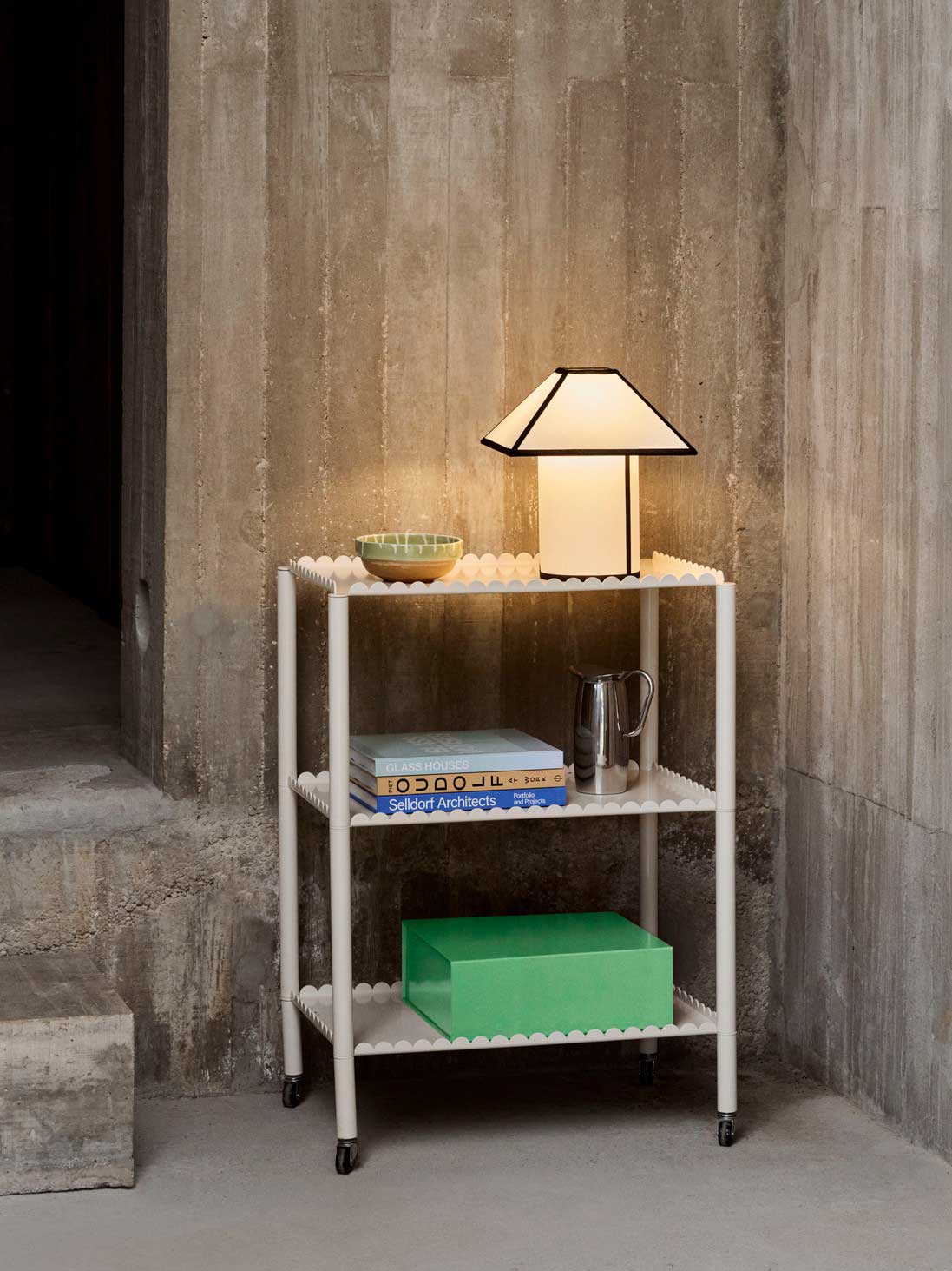 Arcs-Trolley-High-eggshell_Ava-Pyramid-Table-Lamp_Colour-Storage-vibrant-green_Indian-Steel-Pitcher-Tall.jpg