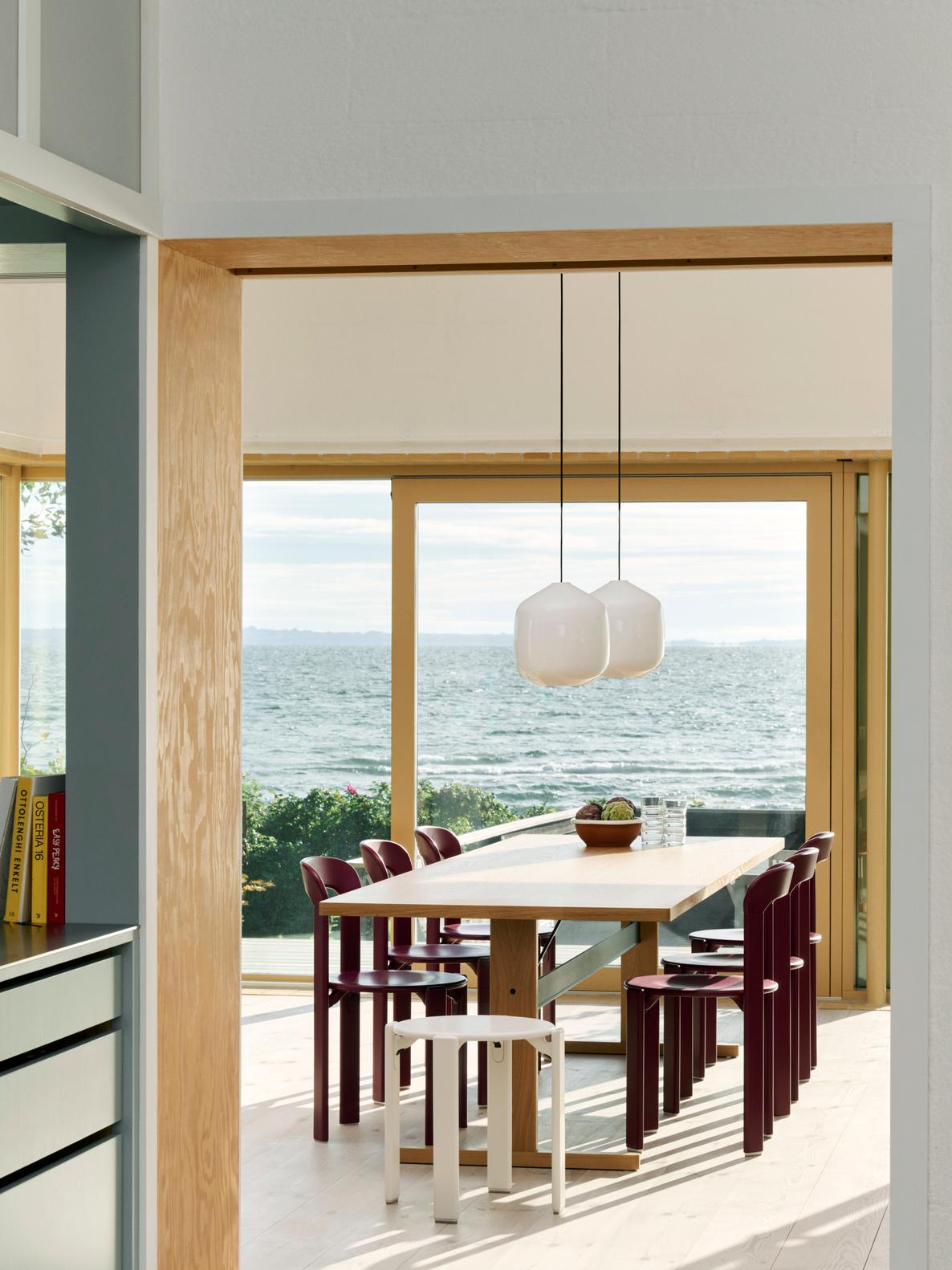 Rey Chair grape red wb lacquered beech_Rey Stool cream white wb lacquered beech_Aspekt Buoy Pendant glass 300 soft black cord set.jpg