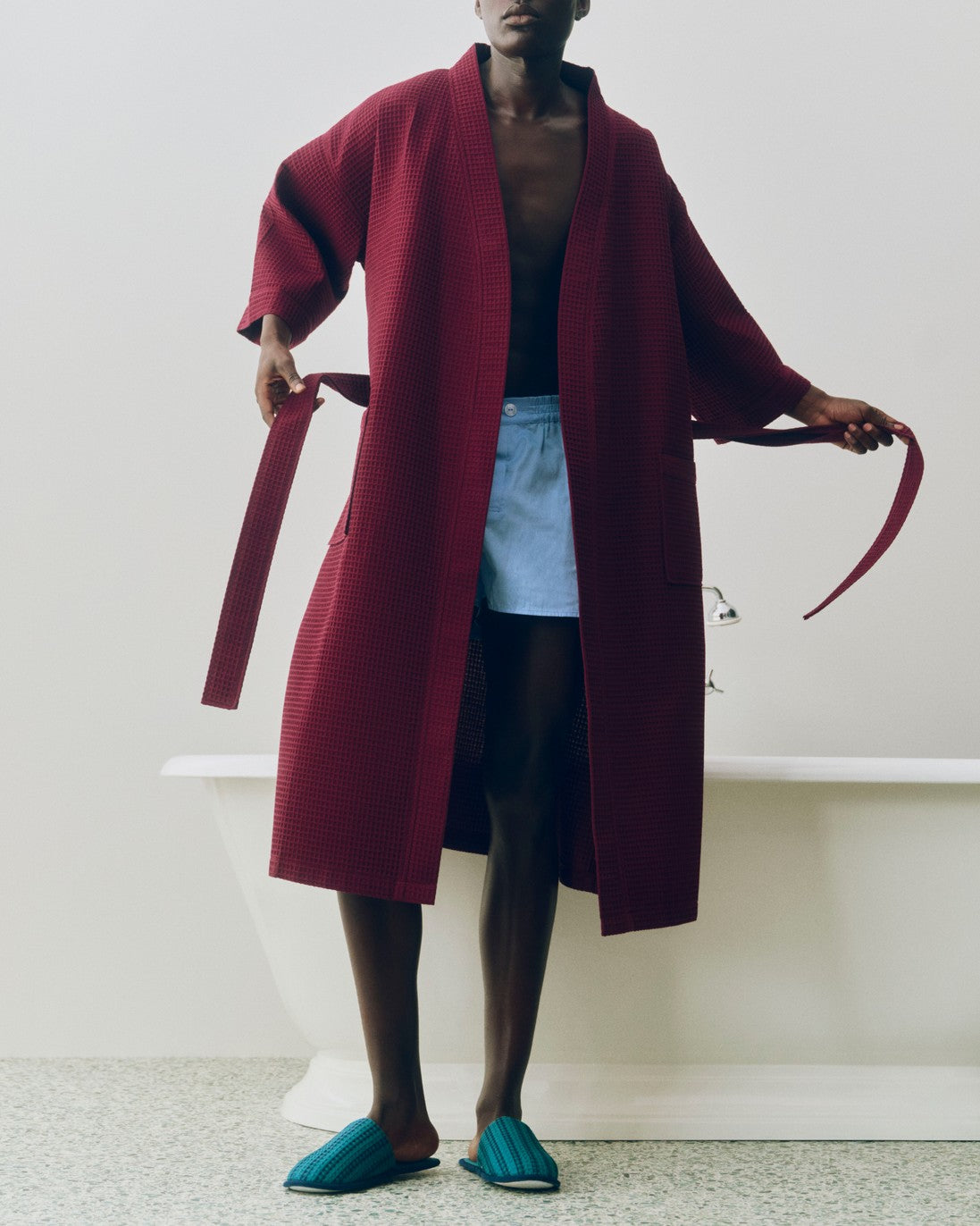 Waffle Bathrobe burgundy_Waffle Slippers Stripe Patrol blue.jpg